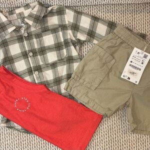 Zara Baby Boy 9-12M Plaid Shirt with Olive Shorts and Red Tank